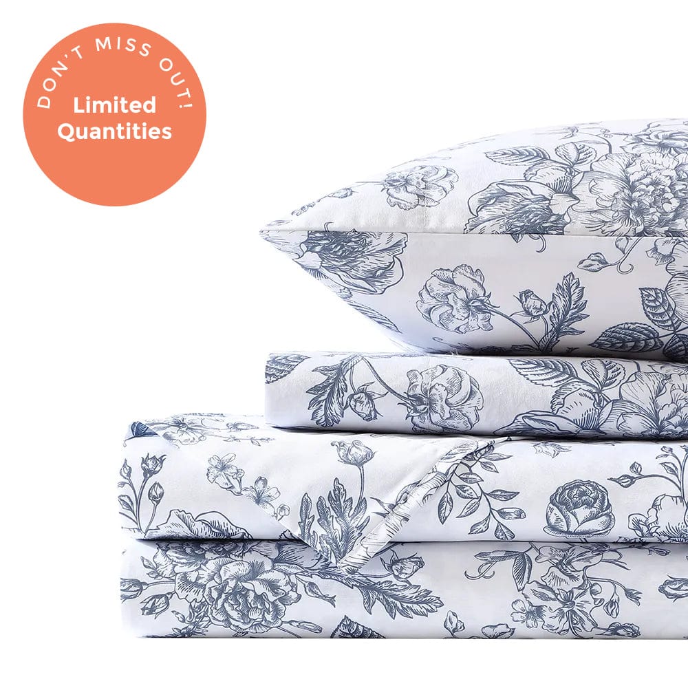 French Blue Floral Toile Sheet Set